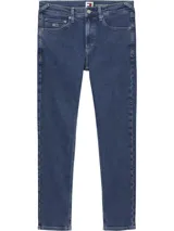 Jeans de corte slim Tommy Jeans, color azul oscuro, con cierre de cremallera y botón, cinco bolsillos y logo bordado en el bolsillo trasero.