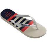 Ojotas Havaianas Top Nautical con base azul marino estampada con motivos náuticos en blanco y tiras rojas con textura.