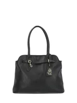 Cartera Hush Puppies Minster Bag de color negro, confeccionada en material sintético con textura arrugada. Presenta doble asa de hombro, herrajes metálicos dorados, detalles de tiras decorativas con hebillas y un llavero colgante con el logo del perro Basset Hound.