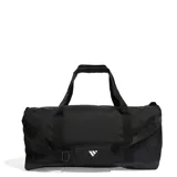 Bolso Adidas Linear Duffel negro con logo blanco estampado. Tiene doble asa de mano y correa ajustable para el hombro. Cuenta con compartimento principal con doble cierre, bolsillos laterales (uno de malla y otro con cierre), bolsillo frontal oculto y compartimento separado para calzado.