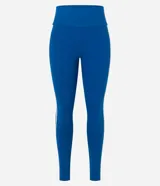 Pantalón legging deportivo Get Over de color azul, confeccionado en microfibra con cintura alta y ancha, recortes anatómicos y bies contrastante blanco a los lados.