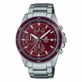 Reloj Casio Edifice cronógrafo con caja y pulsera de acero inoxidable plateado. Presenta una esfera de color rojo vino con tres subesferas y bisel fijo con marcadores de minutos y números.