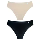 Pack de dos bombachas tipo bikini de modal, una en color beige y otra en negro, ambas con elástico brillante en la cintura.