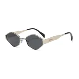 Gafas de sol unisex con armazón metálico negro y lentes oscuros de diseño poligonal angular.