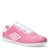 Championes de fútbol Umbro Touch TF, color rosado con detalles en blanco. Presentan el logo de la marca en el lateral y en la lengüeta, con suela de goma diseñada para césped sintético.