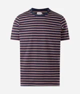 Remera de corte regular Marfinno, con diseño de rayas horizontales en hilo teñido en tonos azul marino, burdeos y beige, cuello redondo y manga corta.