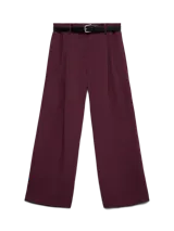 Pantalón sastrero de tiro medio y corte wide leg, con cierre frontal, bolsillos laterales y presillas para cinturón.