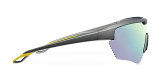 Lentes de sol deportivos con montura negra y lentes espejadas con reflejos azules, verdes y amarillos.