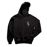 Canguro negro con capucha y bolsillo frontal tipo canguro. Presenta un pequeño estampado en el pecho con el diseño de unas manos en posición de rezo y detalles lineales.