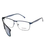 Anteojos de receta con armazón metálico color azul y sistema de clip-on solar magnético desmontable. Diseño rectangular con patillas delgadas y terminales ergonómicos.