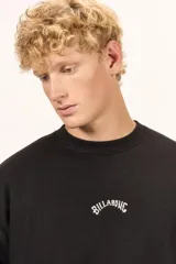 Buzo Billabong Arch Over Crew de color negro, con cuello redondo y diseño de mangas caídas. Presenta un pequeño bordado en hilo blanco en el centro del pecho con el nombre de la marca en tipografía arqueada.