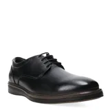 Zapato de vestir tipo derby para hombre, confeccionado en cuero negro con cordones al tono y suela de goma con detalle de vira en color marrón.