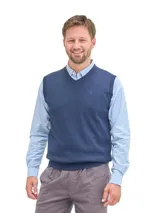 Chaleco de punto sin mangas con cuello en V, color azul marino, con detalle de logo bordado en el pecho.