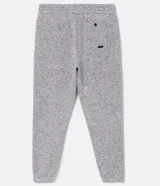 Pantalón de jogging gris jaspeado, con cintura elástica ajustable con cordón, bolsillos laterales y traseros, y puños ajustados.