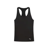Musculosa deportiva negra con espalda estilo nadador y logo de Puma estampado en blanco en el lateral inferior.