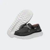 Zapatillas Hey Dude modelo Wendy Peak Chambray, color gris, con parte superior de tela, cordones elásticos y suela de plataforma elevada con diseño dentado.