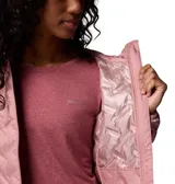 Campera técnica Columbia modelo Delta Ridge II, color rosa, con tecnología HeatSeal™ de construcción sin costuras y aislamiento de plumón. Cuenta con cierre frontal completo, capucha integrada y bolsillos laterales con cremallera.