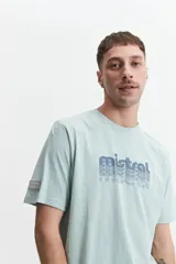 Remera básica de algodón color gris claro, con cuello redondo y logo estampado en el pecho en tonos verdes.