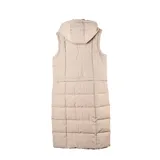 Campera larga tipo puffer color taupe, con diseño acolchado, cierre frontal, capucha y cordón ajustable en la cintura.