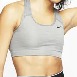 Top deportivo Nike Swoosh de mujer, color gris jaspeado, con espalda cruzada y logo en el frente.