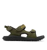 Sandalias de trekking Columbia modelo Konos Hiker 3-Strap, color verde militar con suela negra. Cuentan con tiras de ante y piel sintética con ajuste de velcro y detalles de la marca en amarillo.