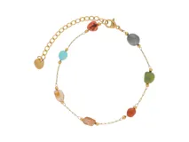 Pulsera de cadena fina de acero con baño de oro, adornada con pequeñas piedras naturales de diversos colores y formas irregulares.