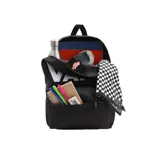 Mochila Vans negra con logo blanco estampado.