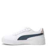 Championes urbanos Puma modelo Carina 2.0, color negro con la icónica franja lateral en blanco. Presentan una suela de plataforma de goma blanca con diseño texturizado y cierre mediante cordones.