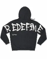 Campera con capucha de algodón con efecto acid wash, corte oversize y diseño estampado en la espalda con la palabra 'REDEFINE' en tipografía estilo graffiti.