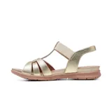 Sandalia de cuero Usaflex modelo Catri, color marfil con suela baja en tono marrón. Presenta diseño de tiras cruzadas en la parte delantera y tira elástica en el empeine.