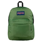 Mochila Jansport modelo Superbreak en color verde, con un compartimento principal espacioso y un bolsillo frontal con cierre. Incluye el logo clásico de la marca en el frente y correas ajustables.