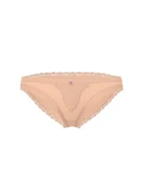 Bombacha bikini de tiro medio confeccionada en tejido suave y sedoso, con detalles de encaje en los bordes y en el panel frontal, y un pequeño aplique de flor en el centro.