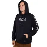 Canguro negro con capucha y cordones ajustables. Presenta un estampado gráfico en el pecho con el logo de la marca y símbolos abstractos, además de un detalle estampado en la manga. Incluye un bolsillo frontal tipo canguro y un pequeño parche de la marca en la parte inferior.