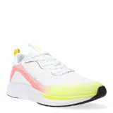 Championes deportivos Umbro modelo Primus, de color blanco con detalles en amarillo neón y naranja. Presentan un diseño ligero con cordones, suela blanca con base negra y logo de la marca en el lateral y la lengüeta.