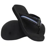 Ojotas Havaianas New Urban Way negras con tiras de tela rayadas en azul y blanco.