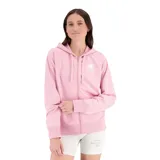 Campera deportiva con capucha color rosa claro, cierre frontal con cremallera y logo de New Balance estampado en blanco en el pecho.