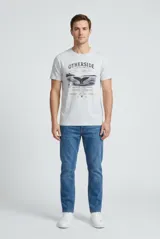 Remera gris melange de manga corta con cuello redondo y estampa frontal de estilo náutico con diseño de ballena y texto.