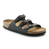 Sandalia Birkenstock modelo Florida con tres tiras ajustables de Birko-Flor en color negro, plantilla anatómica de corcho y suela de goma antideslizante.