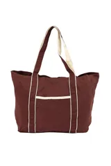 Bolso tipo tote marrón con detalles en color crema en las asas, los bordes y el bolsillo frontal.