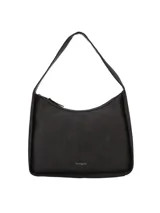 Bolso tipo hobo de color negro con textura efecto croco. Cuenta con una correa fija para llevar al hombro y cierre superior con cremallera. Incluye el logo de la marca grabado en la parte frontal inferior.