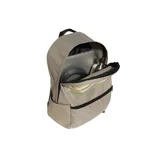 Mochila Adidas color beige con tres bandas horizontales en amarillo, verde y gris. Incluye un compartimento principal con cierre, un bolsillo frontal con cierre y un estuche pequeño con cierre.