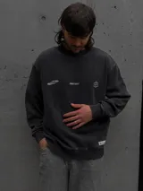Buzo de cuello redondo con diseño oversize, confeccionado en algodón con efecto lavado. Presenta detalles gráficos estampados en el pecho y etiqueta decorativa en el ruedo.
