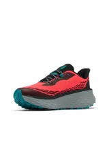 Championes de trekking y trail running Columbia modelo Konos Trillium Atr Omni-Max para mujer, en color coral con suela chunky gris y detalles en negro y verde azulado.