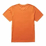 Remera técnica de manga corta Merrell, color naranja, con cuello redondo y logo de la marca estampado en el pecho. Confeccionada con tecnología Drirelease para control de humedad, protección UPF30+ y costuras planas para mayor comodidad.