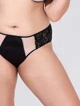 Bombacha tiro alto de lycra negra con transparencias de microtul y puntilla elastizada.