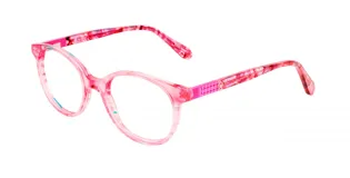 Armazón de acetato color rosa con estampado floral en tonos rosa, fucsia y celeste.