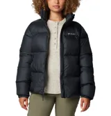 Campera puffer Columbia modelo Puffect II, color negro, con aislamiento sintético Thermarator, tejido impermeable con tecnología Omni-Shield, cierre frontal completo, protector de mentón, bolsillos laterales con cremallera y puños elásticos.