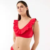 Top de bikini de microfibra suave, color rojo, con escote en V y volantes anchos alrededor del escote y los hombros.