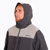 Chaqueta impermeable Merrell Mesquite Hardshell para hombre, con capucha ajustable, cierre frontal con cremallera, bolsillos laterales con cremallera y diseño de bloques de color gris y beige.