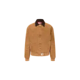 Campera Carhartt WIP OG Santa Fe de color marrón claro, con cuello camisero de pana marrón oscuro, cierre frontal completo y puños y cintura elásticos. Presenta bolsillos laterales ribeteados y etiqueta con el logo de la marca en el bajo.